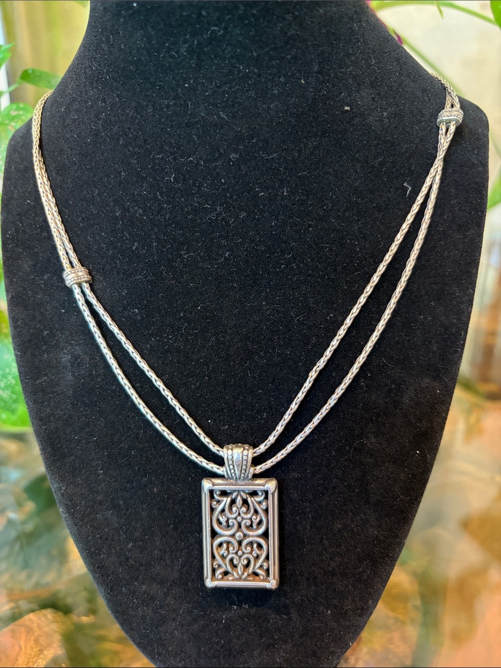 Brighton Deco Lace Necklace Retired Silver Filigree Double Strand Pendant